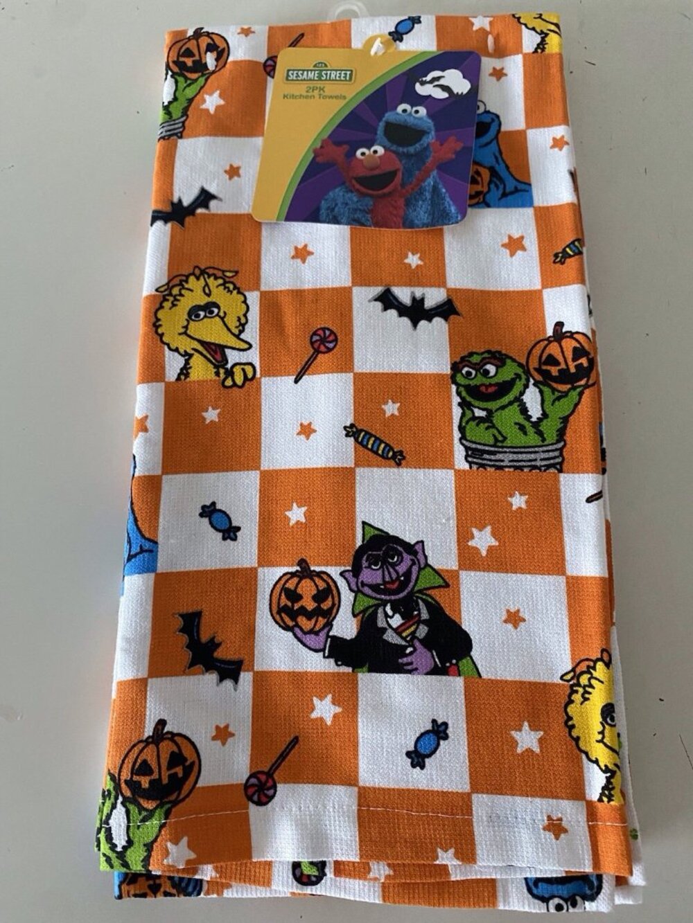 2 Pack Sesame Street Halloween Kitchen Dish Towels Cookie Big Bird, Oscar Count